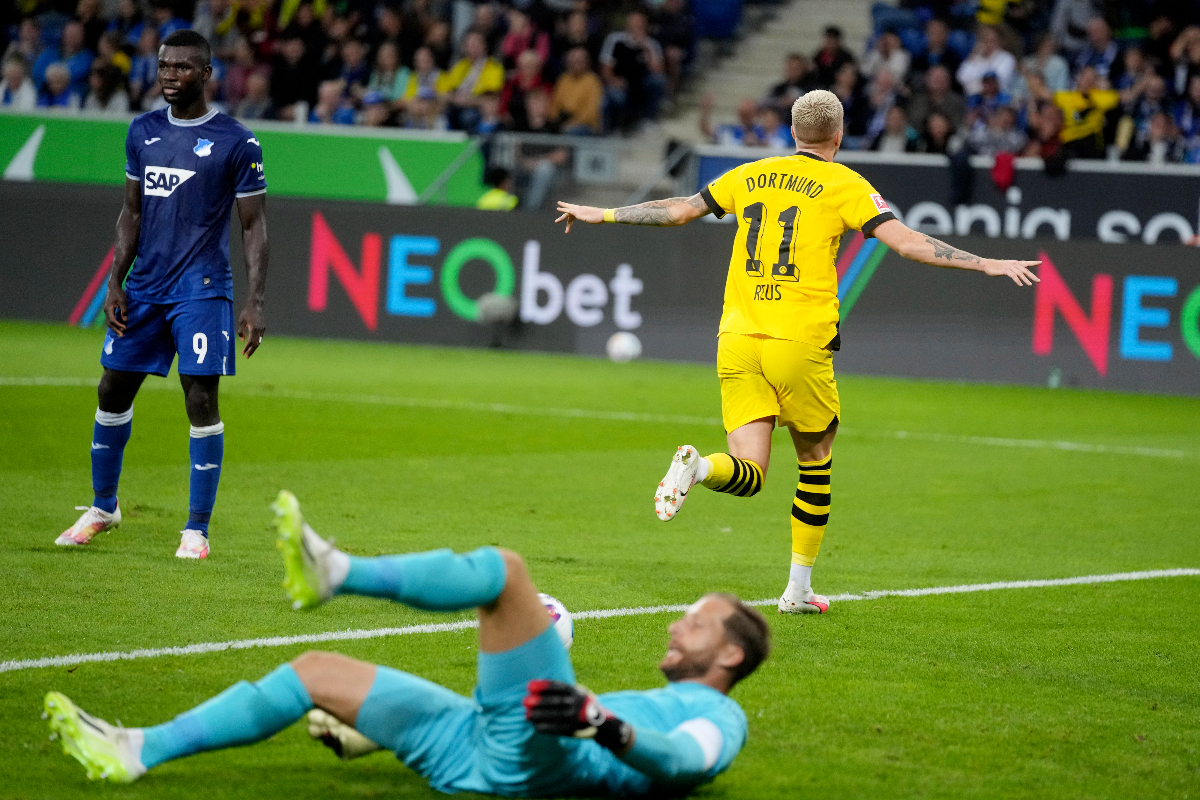 Dortmund's Marco Reus celebrates his side's second goal during a German Bundesliga soccer match between TSG 1899 Hoffenheim and Borussia Dortmund in Sinsheim, Germany, Friday, Sept.29, 2023. (AP Photo/Michael Probst)