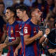 Barcelona's Ferran Torres celebrate scoring his side's third goal during a Spanish La Liga soccer match between Barcelona and Betis at the Olympic Stadium of Montjuic in Barcelona, Spain, Saturday, Sept. 16, 2023. (AP Photo/Joan Monfort)