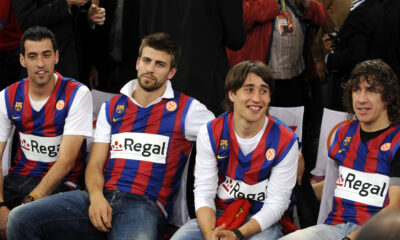 KOSARKA - PARIS F4 EUROLEAGUE - SERGIO BUSQUETS - Serhio Buskets, GERARD PIQUE - Zerard Pike, BOJAN KRKIC i CARLES PUYOL - Karles Pujol, fudbaleri Barselone, na utakmici finala Evrolige, Barselona - Olimpijakos. Pariz, 09.05.2010. photo:N.Parausic