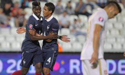 PAUL POGBA Pol Pogba RAPHAEL VARANE Rafael Varan radost fudbalera reprezentacije Francuske na prijateljskoj utakmici kvalifikacija za UEFA Evropsko prvenstvo protiv Srbije na stadionu Partizana, Beograd 07.09.2014. godine Foto: Marko Metlas Fudbal, Reprezentacija, Srbija, Francuska, Prijateljska utakmica