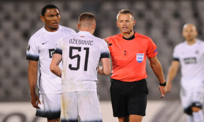 Sudija SVEIN ODDVAR MOEN iz Norveske, na utakmici lige Evrope Partizan - Dinamo Kijev, na stadionu JNA.