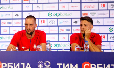 VIKTOR TROICKI trener, i MIOMIR KECMANOVIC, teniser Srbije, na press konferenciji pred odlazak na Olimpijske Igre na aerodromu Nikola Tesla. Beograd, 17.07.2021. foto: Ivica Veselinov / MN Press Tenis, Srbija