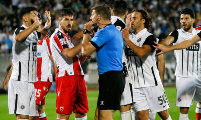 NOVAK SIMOVIC sudija, MILOS DEGENEK fudbaler Crvene Zvezde na utakmici Super Lige Srbije protiv LAZAR MARKOVIC iz Partizana na stadionu Partizana, Beograd 19.09.2021. godine Foto: Ivica Veselinov / MN PRESS FOOTBALL, FUDBAL, SUPERLIGA SRBIJE, PRVENSTVO SRBIJE, LINGLONG LIGA, PARTIZAN, CRVENA ZVEZDA, DERBI