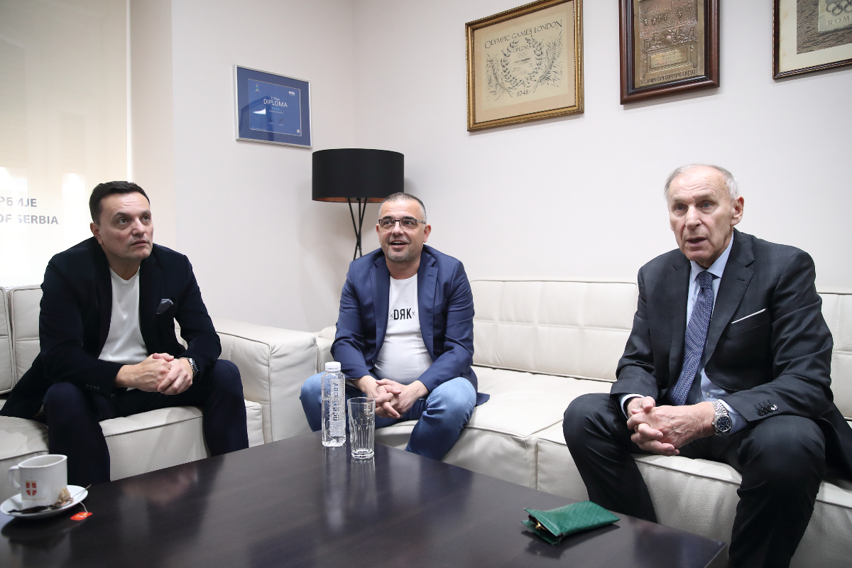 JOVAN SURBATOVIC sekretrar, BRANISLAV NEDIMOVIC potpredsednik, DRAGAN DZAJIC predsednik Fudbalskog saveza Srbije prvi radni dan u FSS, Beograd, 20.03.2023. godine Foto: Marko Metlas Fudbal, Srbija,