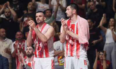 BRANKO LAZIC i LUKA MITROVIC kosarkasi Crvene zvezde na utakmici finala Jadranske ABA lige protiv Partizana u hali Aleksandar Nikolic Pionir, Beograd 18.06.2023. godine Foto: Marko Metlas Kosarka, Partizan, Jadranska ABA liga, Crvena zvezda