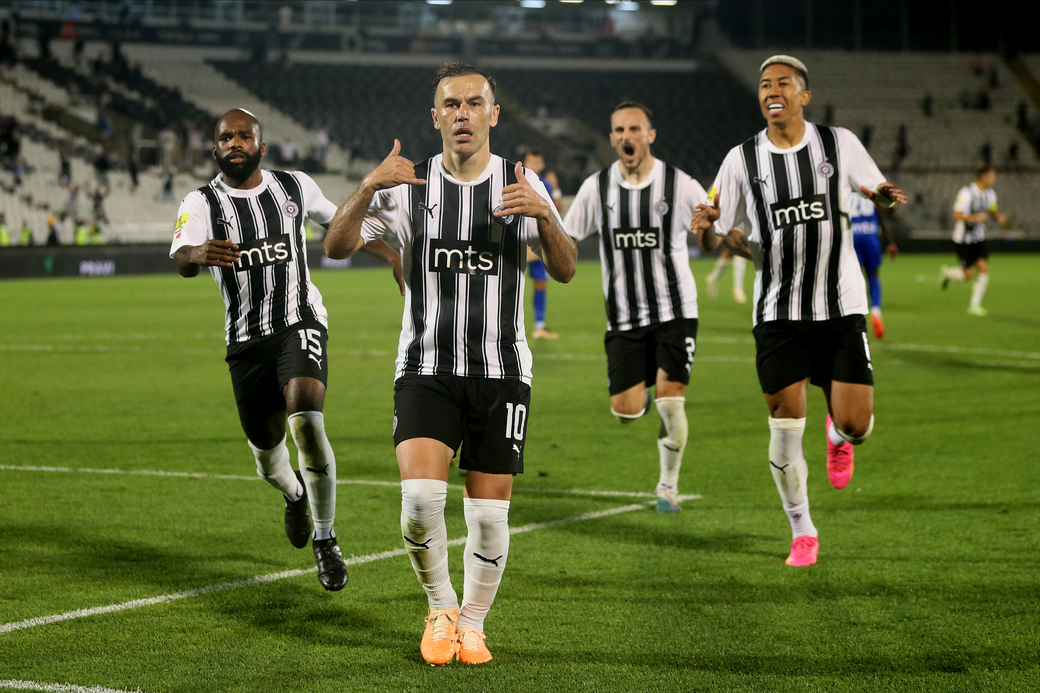 ALDO KALULU, BIBARS NATCHO Bibars Natho, ARANDJEL STOJKOVIC, MATHEUS BONIFACIO SALDANHA Mateus Bonifasio Saldanja fudbaleri Partizana na utakmici Superlige Prvenstva Srbije protiv Radnika Surdulica na stadionu Partizana, Beograd 17.09.2023. godine Foto: Marko Metlas Fudbal, Partizan, Superliga Prvenstvo Srbije, Radnik Sudrulica