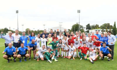 Fudbalerke Srbije proslavljaju pobedu na mecu zenske Lige nacija, protiv Ukrajine, na gradskom stadionu Kazimierza Deyny. Starogard Gdanski, 22.09.2023. foto: Nebojsa Parausic / MN press photo Fudbal, WOMEN'S LEAGUE OF NATIONS, Ukrajina, Srbija, Radost
