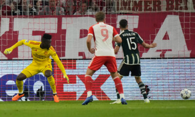 Bayern's Serge Gnabry, not seen, scores his side's second goal during the Champions League group A soccer match between Bayern Munich and Manchester United at the Allianz Arena stadium in Munich, Germany, Wednesday, Sept. 20, 2023. (AP Photo/Matthias Schrader)