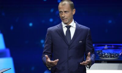 UEFA President Aleksander Ceferin speaks during the 2023/24 UEFA Champions League group stage draw at the Grimaldi Forum in Monaco, Thursday, Aug. 31, 2023.