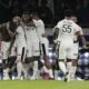 Nice's Terem Moffi, left, celebrates with his teammates after scoring his side's third goal during the French League One soccer match between Paris Saint Germain and Nice at Parc des Princes stadium in Paris, Friday, Sept. 15, 2023. (AP Photo/Michel Euler)