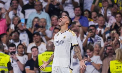 Real Madrid's Joselu celebrates after scoring his side's second goal during a Spanish La Liga soccer match between Real Madrid and Las Palmas, at Santiago Bernabeu stadium, in Madrid, Wednesday, Sept. 27, 2023. (AP Photo/Manu Fernandez)