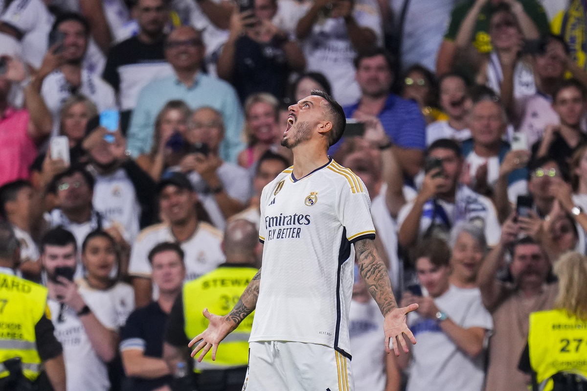 Real Madrid's Joselu celebrates after scoring his side's second goal during a Spanish La Liga soccer match between Real Madrid and Las Palmas, at Santiago Bernabeu stadium, in Madrid, Wednesday, Sept. 27, 2023. (AP Photo/Manu Fernandez)