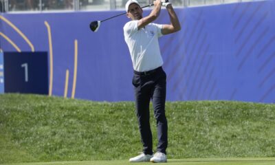 tennis player Novak Djokovic plays his tee shot on the 1st hole during an all stars golf match between Team Colin Montgomerie and Team Cory Pavin at the Marco Simone Golf Club in Guidonia Montecelio, Italy, Wednesday, Sept. 27, 2023. The Ryder Cup starts Sept. 29, at the Marco Simone Golf Club. (AP Photo/Andrew Medichini)
