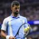 Novak Djokovic, of Serbia, prepares to serve to Ben Shelton, of the United States, during the men's singles semifinals of the U.S. Open tennis championships, Friday, Sept. 8, 2023, in New York. (