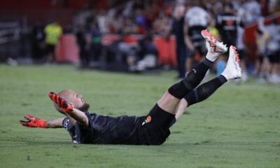 Mallorca's goalkeeper Predrag Rajkovic celebrates after his teammate Abdon scored his side's second goal during a Spanish La Liga soccer match between Mallorca and Barcelona at the Son Moix stadium in Palma de Mallorca, Spain, Tuesday, Sept. 26, 2023. (AP Photo/Francisco Ubilla)