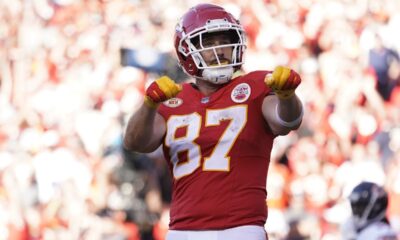 Kansas City Chiefs tight end Travis Kelce celebrates after scoring during the second half of an NFL football game against the Chicago Bears Sunday, Sept. 24, 2023, in Kansas City, Mo. (AP Photo/Ed Zurga)