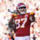 Kansas City Chiefs tight end Travis Kelce celebrates after scoring during the second half of an NFL football game against the Chicago Bears Sunday, Sept. 24, 2023, in Kansas City, Mo. (AP Photo/Ed Zurga)