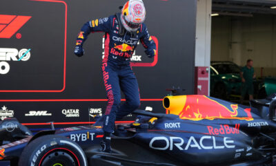 Red Bull driver Max Verstappen of the Netherlands celebrates after winning the Japanese Formula One Grand Prix at the Suzuka Circuit, Suzuka, central Japan, Sunday, Sept. 24, 2023. (AP Photo/Toru Hanai)