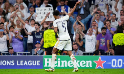Real Madrid's Jude Bellingham celebrates after scoring his side's first goal during the Champions League group C soccer match between Real Madrid and FC Union Berlin at the Santiago Bernabeu stadium in Madrid, Wednesday, Sept. 20, 2023. (AP Photo/Manu Fernandez)