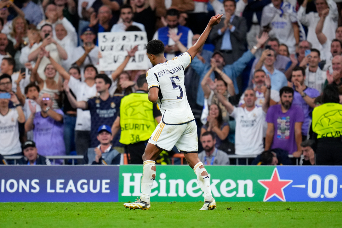 Real Madrid's Jude Bellingham celebrates after scoring his side's first goal during the Champions League group C soccer match between Real Madrid and FC Union Berlin at the Santiago Bernabeu stadium in Madrid, Wednesday, Sept. 20, 2023. (AP Photo/Manu Fernandez)