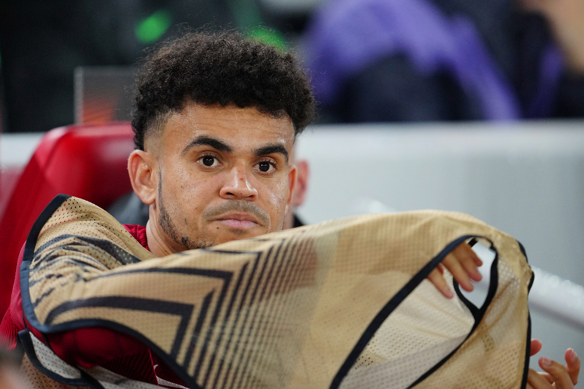Liverpool's Luis Diaz ahead the Europa League Group E soccer match between Liverpool and Toulouse, at Anfield in Liverpool, England, Thursday, Oct. 26, 2023. (AP Photo/Jon Super)