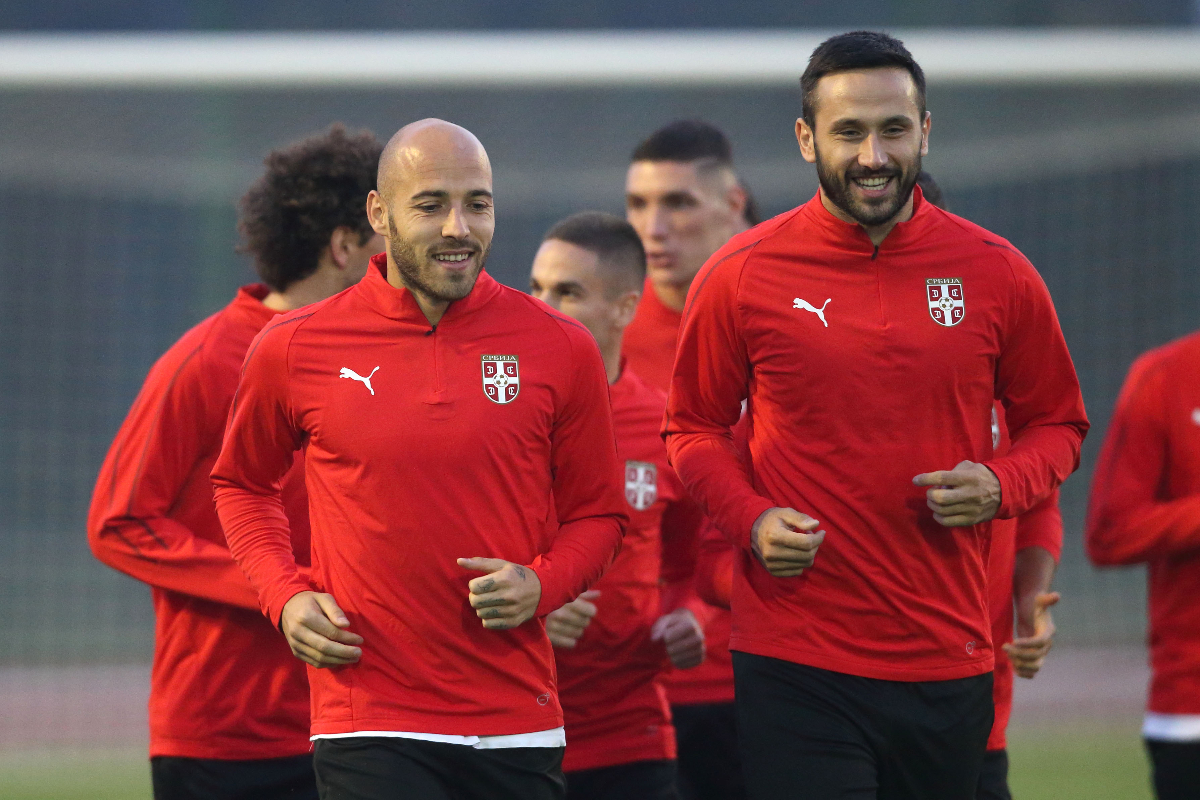 NEMANJA MILETIC i JAGOS VUKOVIC fudbaleri reprezentacije Srbije trening u sportskom centru FSS, Stara Pazova 08.10.2018. godine Foto: Marko Metlas Fudbal, Srbija, Trening