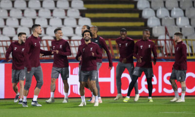 DEJAN LOVREN, ROBERTO FIRMINO i MOHAMED SALAH fudbaleri Liverpula na treningu pre utakmice UEFA Lige Sampiona protiv Crvene zvezde na stadionu Rajko Mitic, Beograd 05.11.2018. godine Foto: Marko Metlas Fudbal, Crvena zvezda, UEFA Liga Sampiona , Liverpul