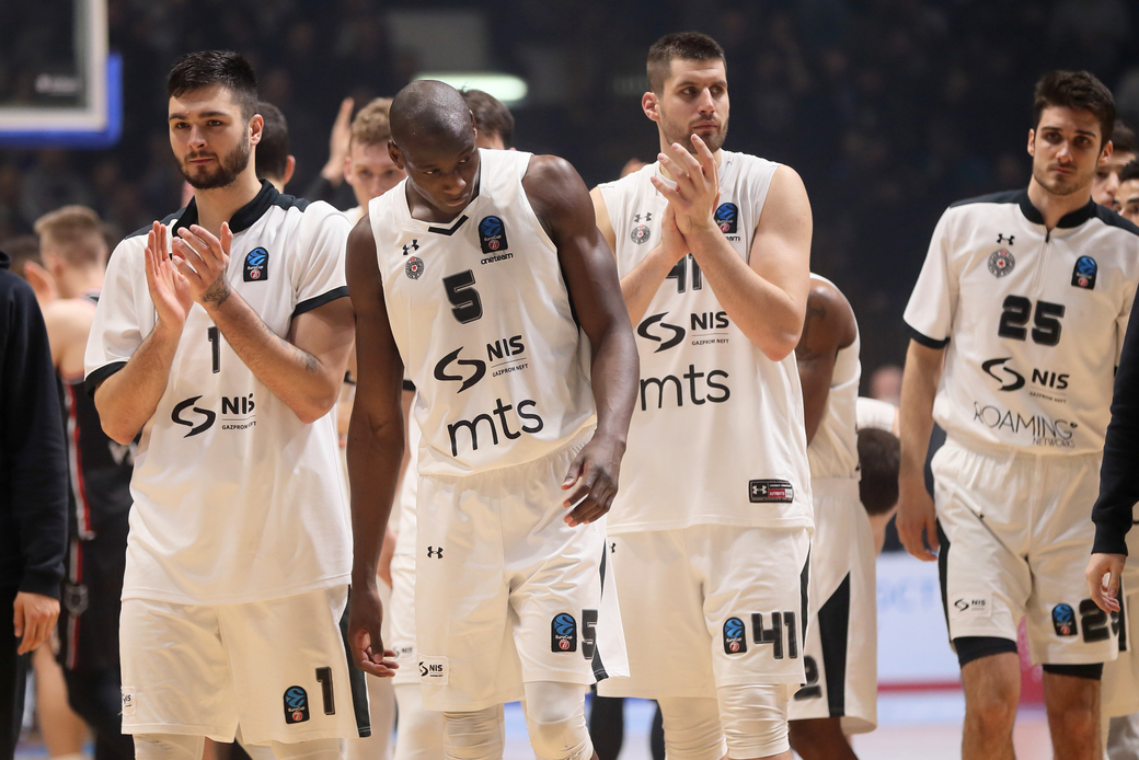 NIKOLA JANKOVIC, BANDJA SY Bondza Si, DJORDJE GAGIC TUGA kosarkasa Partizana na utakmici ULEB Evrokupa protiv Ritasa Viljnus u hali Pionir, Beograd 30.01.2019. godine Foto: Marko Metlas