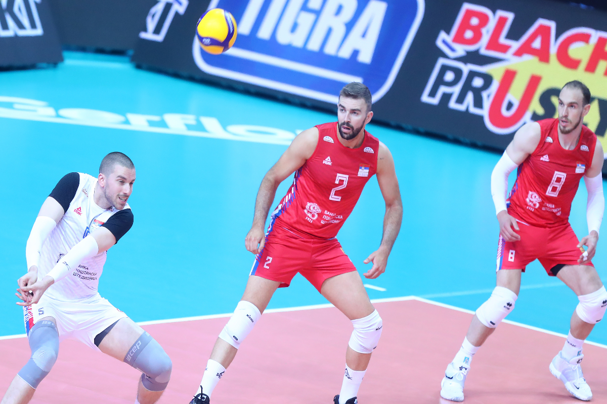 MILAN KATIC, UROS KOVACEVIC, MARKO IVOVIC, odbojkas Srbije, na utakmici Svetskog prvenstva protiv Tunisa, u hali Spodek. Katovice, 31.08.2022. foto: MN Press / vm Odbojka, Srbija, Tunis