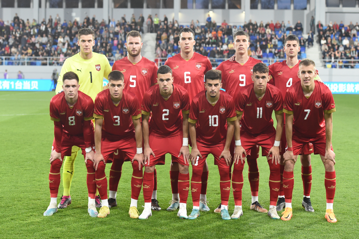 FILIP STANKOVIC, UROS DREZGIC, ANDREJ DJURIC, PETAR RATKOV, NIKOLA PETKOVIC, NIKOLA STANKOVIC, LAZAR MICIC, VIKTOR ROGAN, IGOR MILADINOVIC, STEFAN MITROVIC, VLADIMIR LUCIC, mladi fudbaleri Srbije U21, na prijateljskoj utakmici protiv Italije, u TSC areni Backa Topola, 24.03.2023. foto: Nebojsa Parausic Fudbal, U21, Srbija, Italija, Ekipa