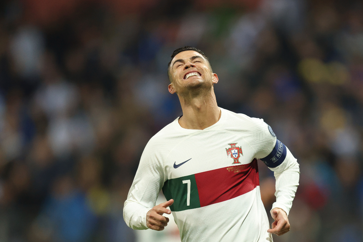 Portugal's Cristiano Ronaldo reacts after scoring his side's second goal during the Euro 2024 group J qualifying soccer match between Bosnia-Herzegovina and Portugal, at the Bilino Polje Stadium in Zenica, Bosnia and Herzegovina, Monday, Oct. 16, 2023. (AP Photo/Armin Durgut)