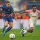 Real Sociedad's Kieran Tierney, right, is challenged by Red Star's Milan Rodic during the group G Champions League soccer match between RB Leipzig and Red Star Belgrade at the Red Bull arena stadium in Leipzig, Germany, Wednesday, Oct. 25, 2023. (AP Photo/Matthias Schrader)
