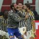 Juventus' Manuel Locatelli, right, celebrates after scoring his side's opening goal during a Serie A soccer match between AC Milan and Juventus, at the San Siro stadium in Milan, Italy, Sunday, Oct. 22, 2023. (AP Photo/Luca Bruno)