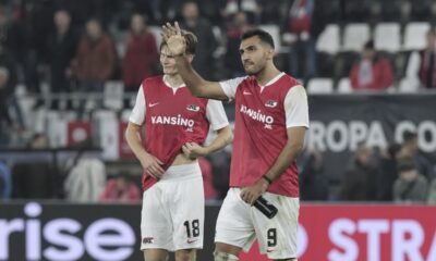 AZ Alkmaar's Vangelis Pavlidis waves his supporters at the end of the Conference League group E soccer match between AZ Alkmaar and Aston Villa at the AZ stadium in Alkmaar, Netherlands, Thursday, Oct. 26, 2023. (AP Photo/Patrick Post)