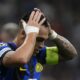 Inter Milan's Lautaro Martinez reacts after a missed scoring opportunity during the Champions League, Group D soccer match between Inter Milan and Benfica, at the San Siro stadium in Milan, Italy, Tuesday, Oct. 3, 2023. (AP Photo/Luca Bruno)