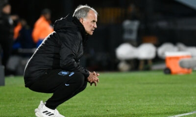 Uruguay's coach Marcelo Bielsa watches his team playing against Brazil during a qualifying soccer match for the FIFA World Cup 2026 at Centenario stadium in Montevideo, Uruguay, Tuesday, Oct. 17, 2023. (AP Photo/Santiago Mazzarovich)