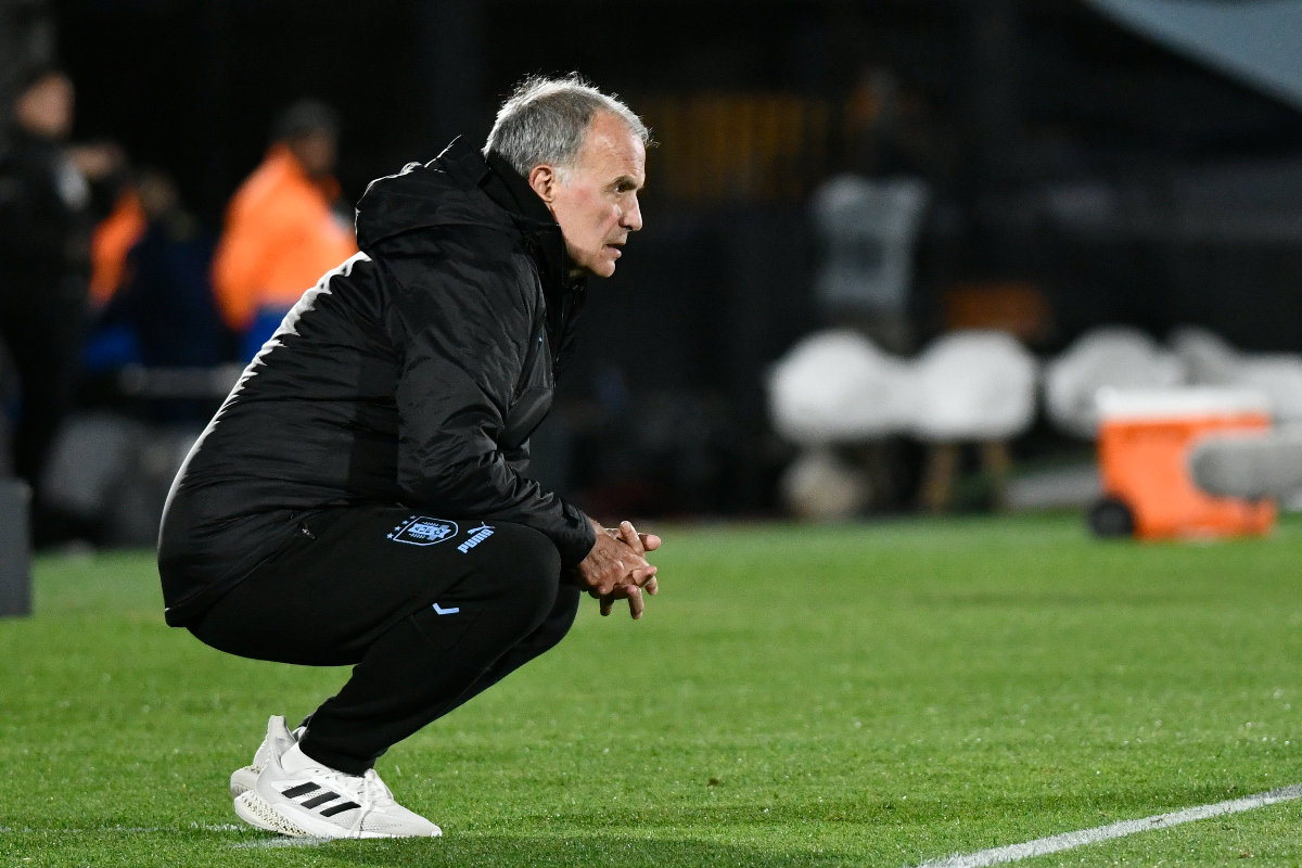 Uruguay's coach Marcelo Bielsa watches his team playing against Brazil during a qualifying soccer match for the FIFA World Cup 2026 at Centenario stadium in Montevideo, Uruguay, Tuesday, Oct. 17, 2023. (AP Photo/Santiago Mazzarovich)