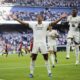 Real Madrid's Jude Bellingham celebrates after scoring his side's opening goal during Spanish La Liga soccer match between Real Madrid and Osasuna at the Santiago Bernabéu stadium in Madrid, Spain, Saturday, Oct. 7, 2023. (AP Photo/Jose Breton)