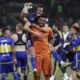 Edinson Cavani of Argentina's Boca Juniors embraces goalkeeper Sergio Romero after defeating Brazil's Palmeiras in a penalty shootout during a Copa Libertadores semifinal second leg soccer match at Allianz Parque stadium in Sao Paulo, Brazil, Thursday, Oct. 5, 2023. (AP Photo/Andre Penner)