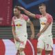 Leipzig's Dani Olmo, right, celebrates after scoring his side's third goal during the group G Champions League soccer match between RB Leipzig and Red Star Belgrade at the Red Bull arena stadium in Leipzig, Germany, Wednesday, Oct. 25, 2023. (AP Photo/Matthias Schrader)
