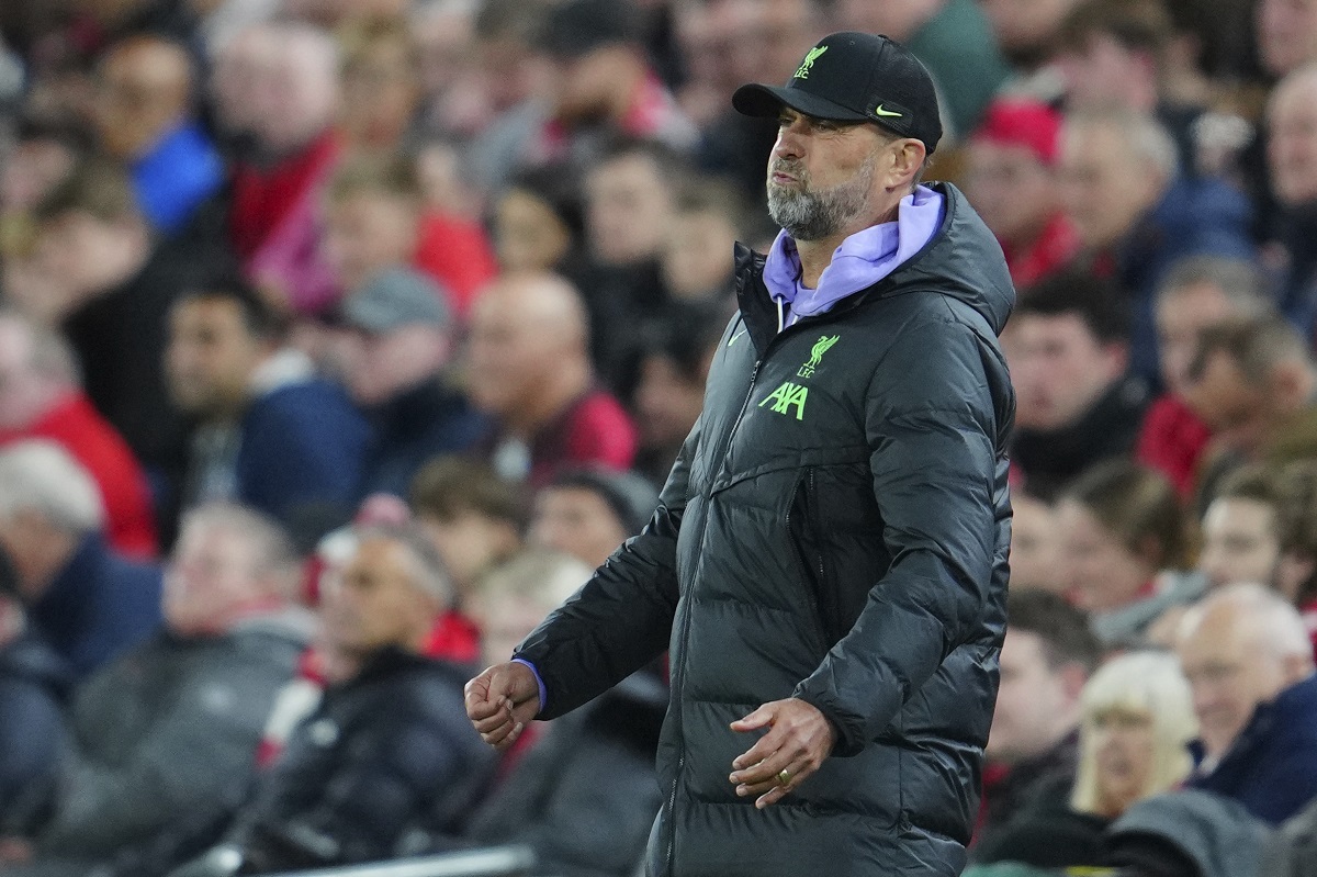 Liverpool manager Jurgen Klopp reacts during a Europa League Group E soccer match between Liverpool and Union Saint-Gilloise, Thursday, Oct. 5, 2023, at Anfield in Liverpool, England. (AP Photo/Jon Super)