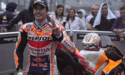 Third placed Spanish rider Marc Marquez, celebrates after the MotoGP race of Japanese Motorcycle Grand Prix at the Twin Ring Motegi circuit in Motegi, north of Tokyo Sunday, Oct. 1, 2023.(AP Photo/Shuji Kajiyama)