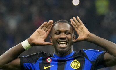 Inter Milan's Marcus Thuram celebrates after scoring his side's opening goal during the Serie A soccer match between Inter Milan and Roma at the San Siro Stadium, in Milan, Italy, Sunday, Oct. 29, 2023. (AP Photo/Antonio Calanni)