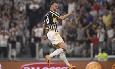 Juventus' Federico Gatti celebrates his side's first goal during the Serie A inter city soccer match between Juventus and Torino at the Juventus Stadium in Turin, Italy, Saturday, Oct. 7, 2023. (Fabio Ferrari/LaPresse via AP)