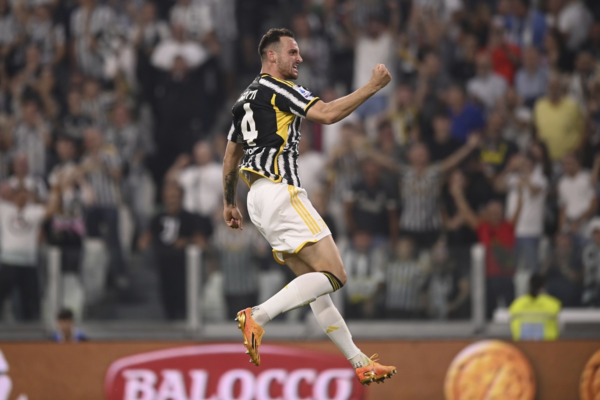 Juventus' Federico Gatti celebrates his side's first goal during the Serie A inter city soccer match between Juventus and Torino at the Juventus Stadium in Turin, Italy, Saturday, Oct. 7, 2023. (Fabio Ferrari/LaPresse via AP)