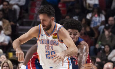 Detroit Pistons' Killian Hayes, right, steals the ball from Oklahoma City Thunder's Vasilije Micic (29) during the second half of an NBA preseason basketball game Thursday, Oct. 12, 2023, in Montreal. (Christinne Muschi/The Canadian Press via AP)