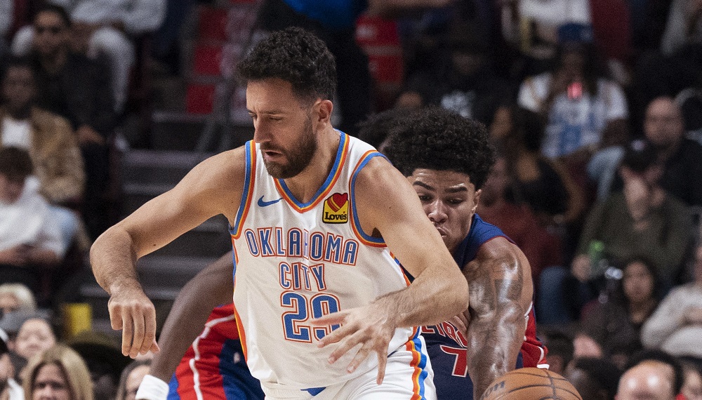 Detroit Pistons' Killian Hayes, right, steals the ball from Oklahoma City Thunder's Vasilije Micic (29) during the second half of an NBA preseason basketball game Thursday, Oct. 12, 2023, in Montreal. (Christinne Muschi/The Canadian Press via AP)