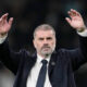 Tottenham's head coach Ange Postecoglou greets supporters at the end of the English Premier League soccer match between Tottenham Hotspur and Fulham at the Tottenham Hotspur Stadium in London, Monday, Oct. 23, 2023. (AP Photo/Kin Cheung)