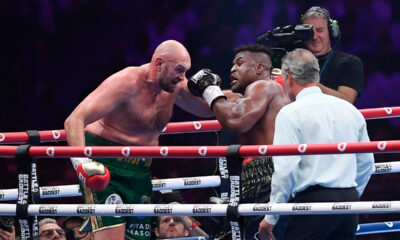 Tyson Fury, of England, the WBC and lineal heavyweight champion, fights with former UFC heavyweight champion Francis Ngannou, of Cameroon, during their boxing match to mark the start of Riyadh Season at Kingdom Arena, in Riyadh, Saudi Arabia, Sunday, Oct. 29, 2023. (AP Photo/Yazeed Aldhawaihi)