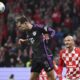 Munich's Leon Goretzka heads the ball, during the Bundesliga soccer match between Mainz 05 and Bayern Munich at Mewa Arena in Mainz, Germany, Saturday, Oct. 21, 2023. (Arne Dedert/dpa via AP)